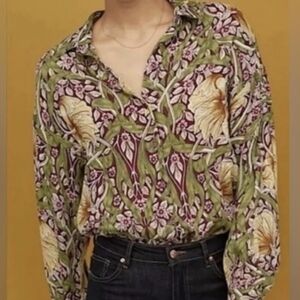 H&M Morris & Co. Floral Button-Up Blouse in Olive, Maroon & Cream Size 12